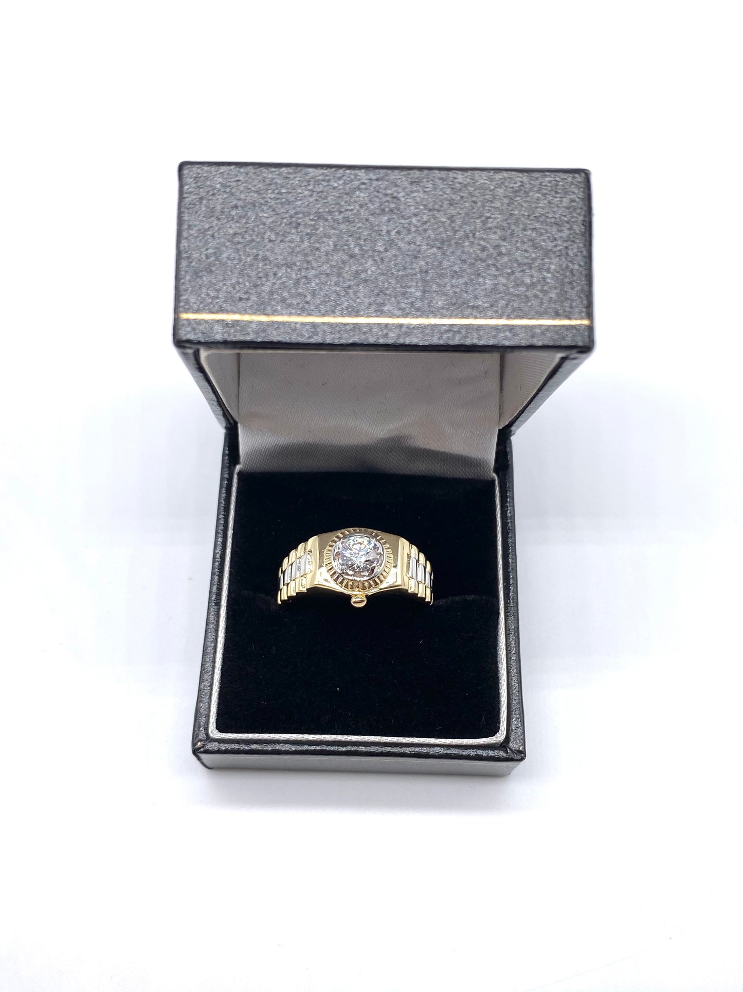 9ct Yellow Gold Mens Ring - Rolex Style, Cz Stone & Fully Hallmarked Sizes Q-V