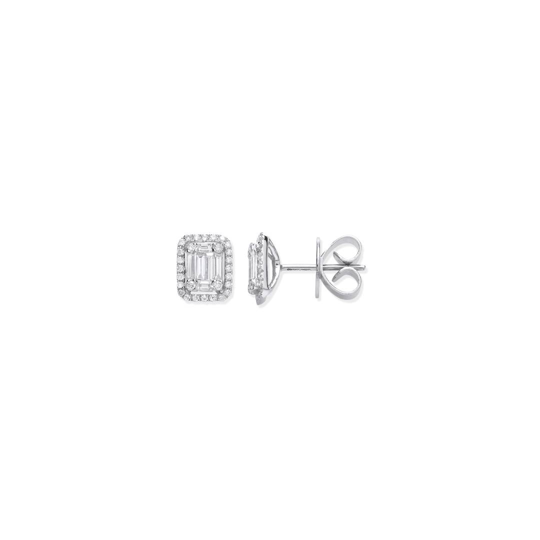 18ct White Gold 0.65ct Baguette & Brilliant Cut Diamond Rectangle Halo Earrings