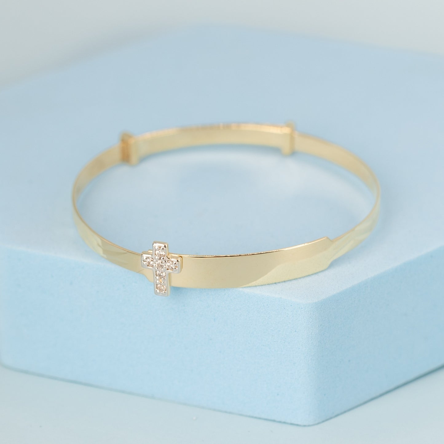 Solid 9ct Yellow Gold Baby / Kids Cz Cross ID Expandable Bangle