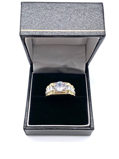 9ct Gold Mens Ring - Rolex Sides, Cz, Two Colour & Fully Hallmarked Sizes Q - X