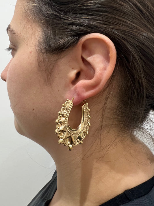 XL 9CT YELLOW GOLD HALLMARKED VICTORIAN 2INCH CHUNKY OVAL CREOLE HOOP EARRINGS