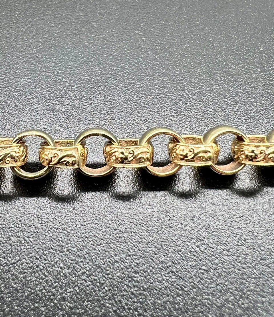 Solid 9ct Yellow Gold 6.6mm Plain & Engraved Belcher Bracelet - 24 Inches