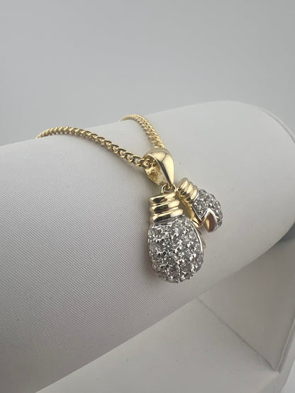9ct Yellow Gold Double Boxing Glove Cz Pendant - 2 Gloves - UK Hallmark & Boxed