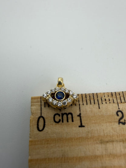 9ct Yellow Gold Small Evil Eye Pendant / Charm Blue & White Cz Set & 375 Stamped
