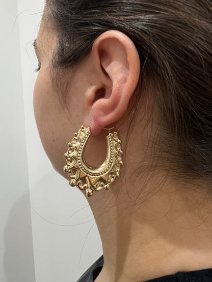 XL 9CT YELLOW GOLD HALLMARKED VICTORIAN 2INCH CHUNKY OVAL CREOLE HOOP EARRINGS