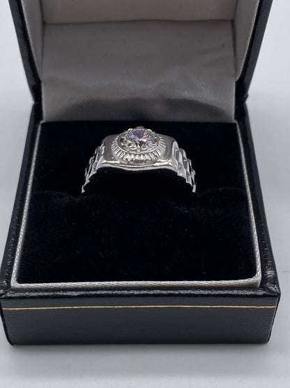 9ct White Gold Mens Ring - Rolex Style, Cz Stone & Fully Hallmarked Sizes Q-V