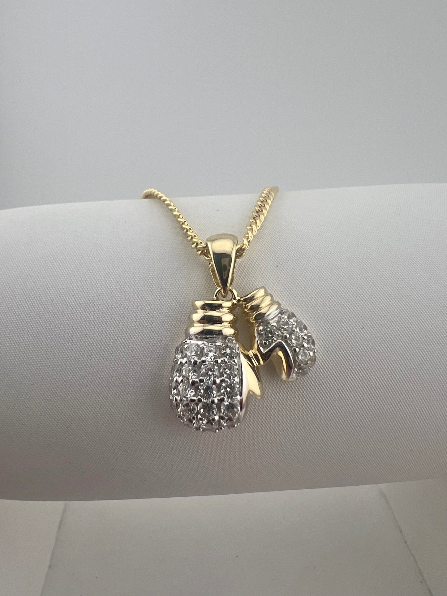 9ct Yellow Gold Double Boxing Glove Cz Pendant - 2 Gloves - UK Hallmark & Boxed