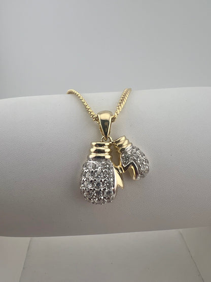 9ct Yellow Gold Double Boxing Glove Cz Pendant - 2 Gloves - UK Hallmark & Boxed