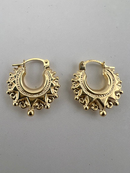 9ct Gold Victorian Style Spiked Round Creole Hoop Earrings 15mm | XSmall Size