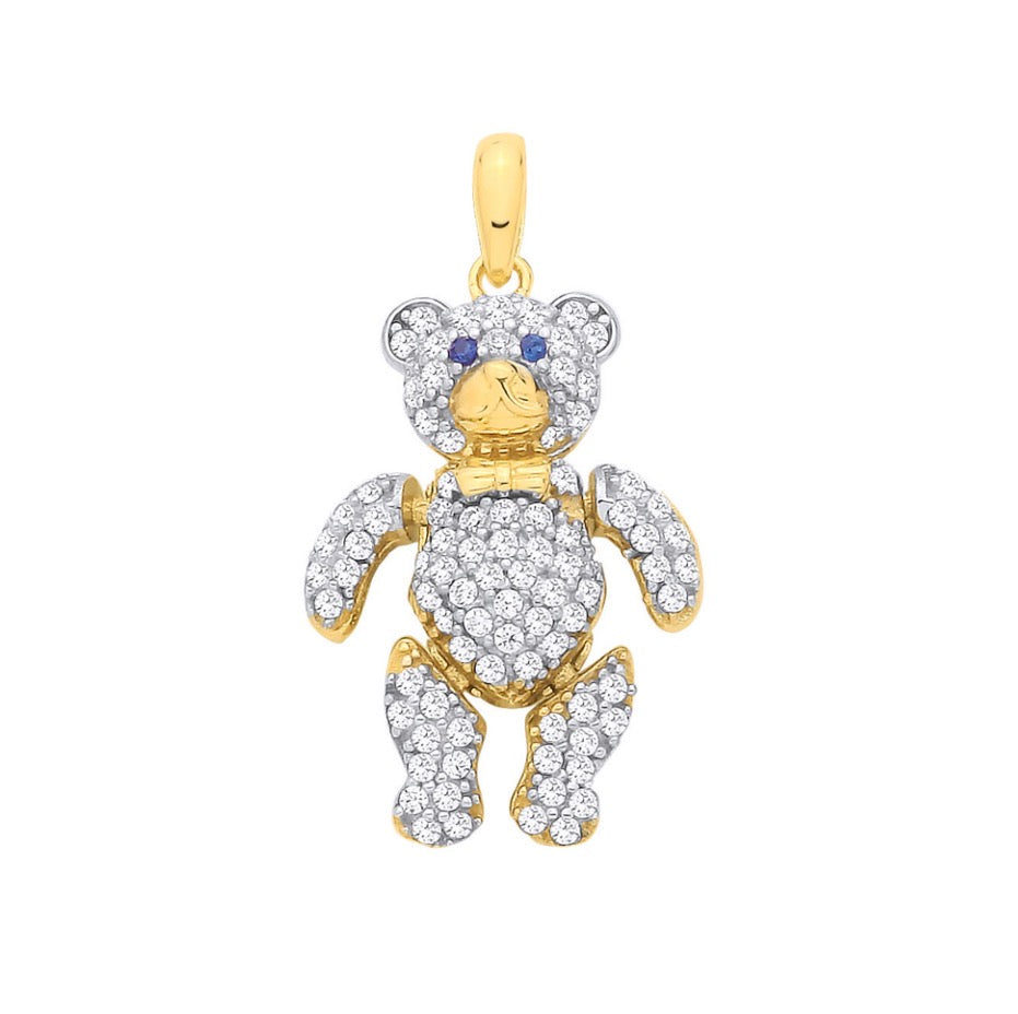 Real 9ct Yellow Gold Moveable Teddy Bear Pendant - Set With Cz Gems & Hallmarked