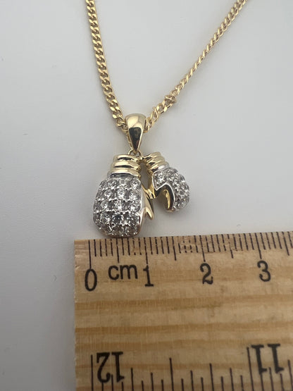 9ct Yellow Gold Double Boxing Glove Cz Pendant - 2 Gloves - UK Hallmark & Boxed