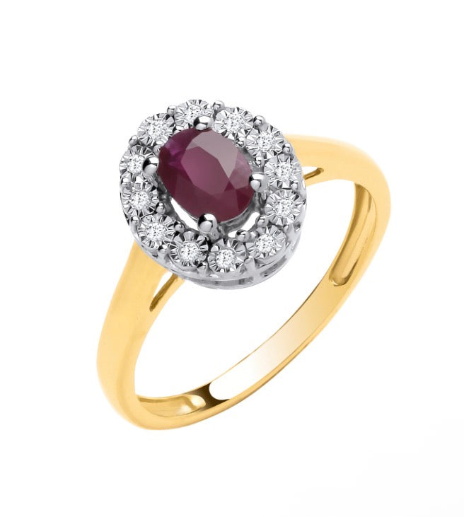 Ladies 9ct Yellow Gold 0.50ct Ruby & Halo Diamond Ring