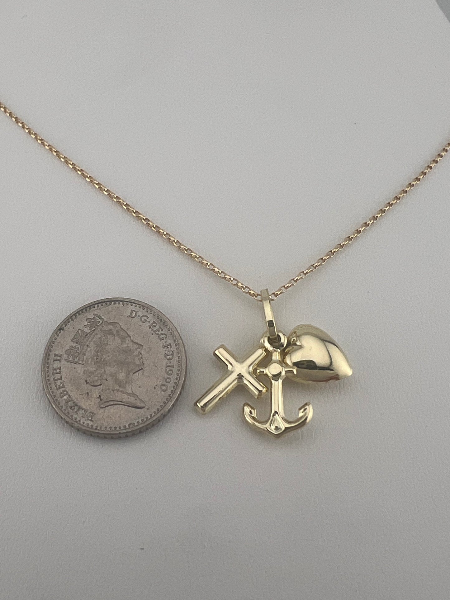 9ct Yellow Gold Cross Heart & Anchor Charm Pendant