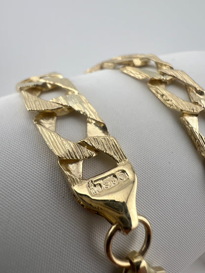 9ct Solid Gold Men's Bracelet 8.5 INCH - 9mm Flat Curb FULL UK HALLMARK & BOXED
