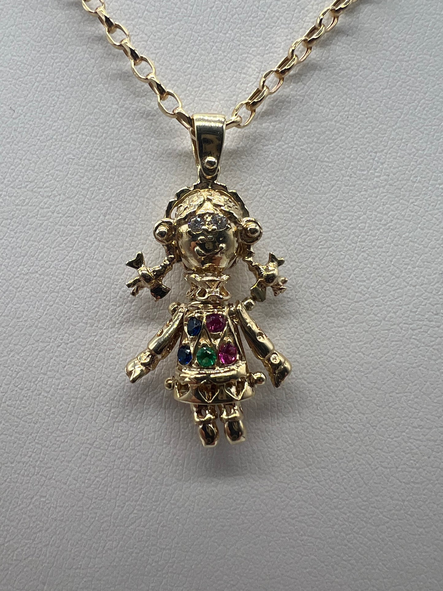 9ct Gold Multi Gem Movable Ragdoll Necklace Pendant Fully Hallmarked & Boxed