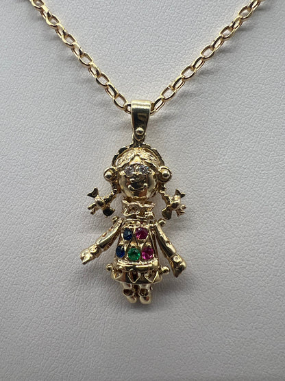 9ct Gold Multi Gem Movable Ragdoll Necklace Pendant Fully Hallmarked & Boxed