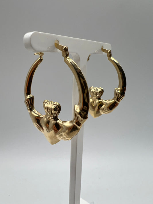 9ct Yellow Gold Large Claddagh Ladies Earrings - 25mm Womens Earrings - Gift Box