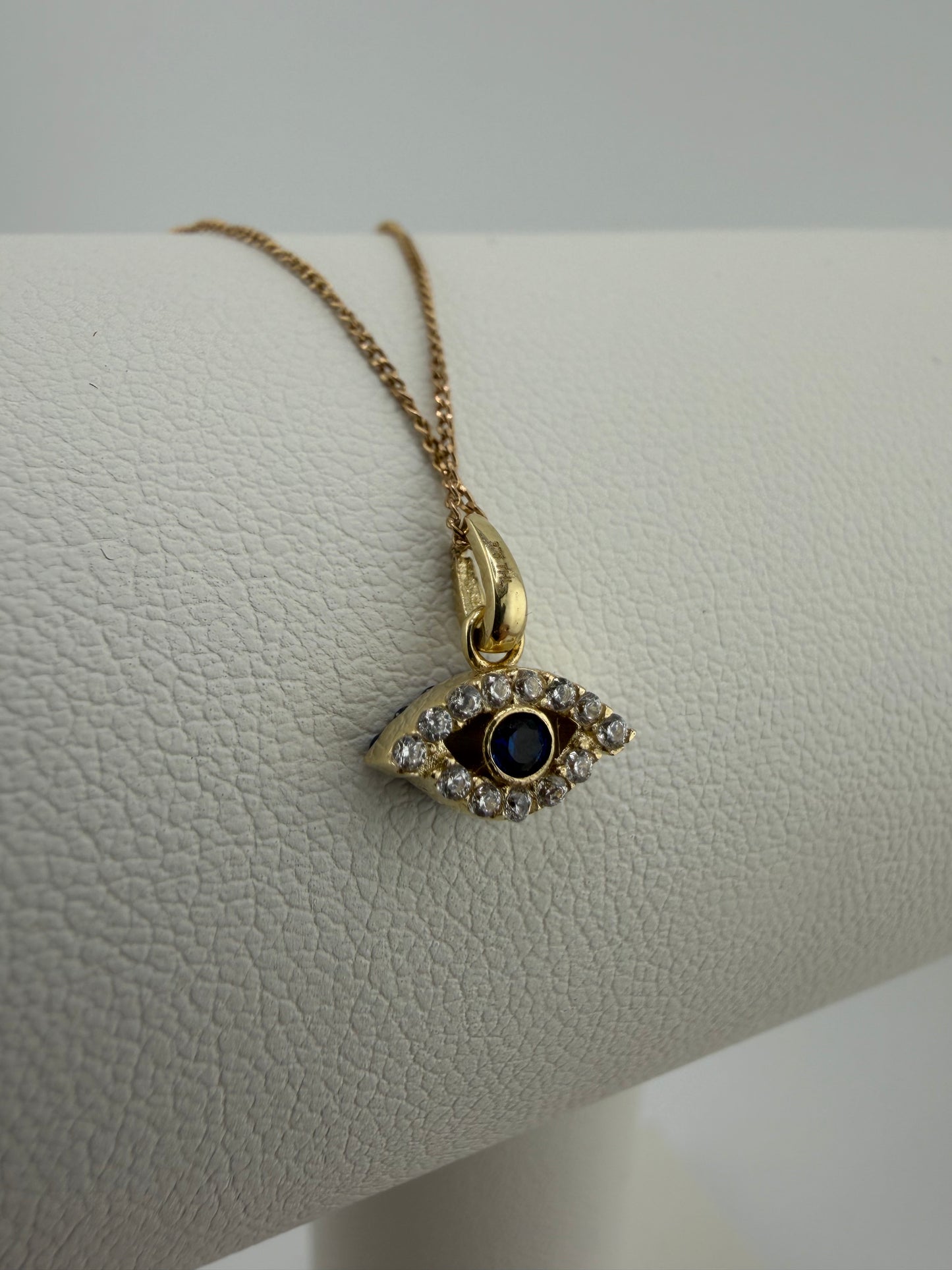 9ct Yellow Gold Small Evil Eye Pendant / Charm Blue & White Cz Set & 375 Stamped