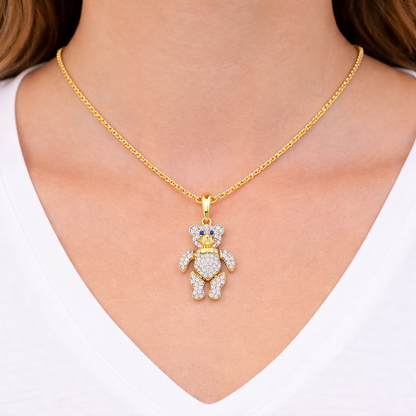 Real 9ct Yellow Gold Moveable Teddy Bear Pendant - Set With Cz Gems & Hallmarked