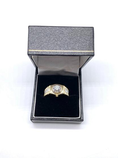 9ct Yellow Gold Mens Ring - Rolex Style, Cz Stone & Fully Hallmarked Sizes Q-V