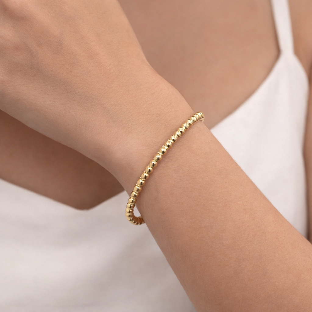Ladies 9ct Yellow Gold 4mm Beaded Bangle 6.5 - 7.5 Inch Wrist Size