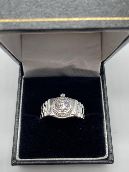 9ct White Gold Mens Ring - Rolex Style, Cz Stone & Fully Hallmarked Sizes Q-V