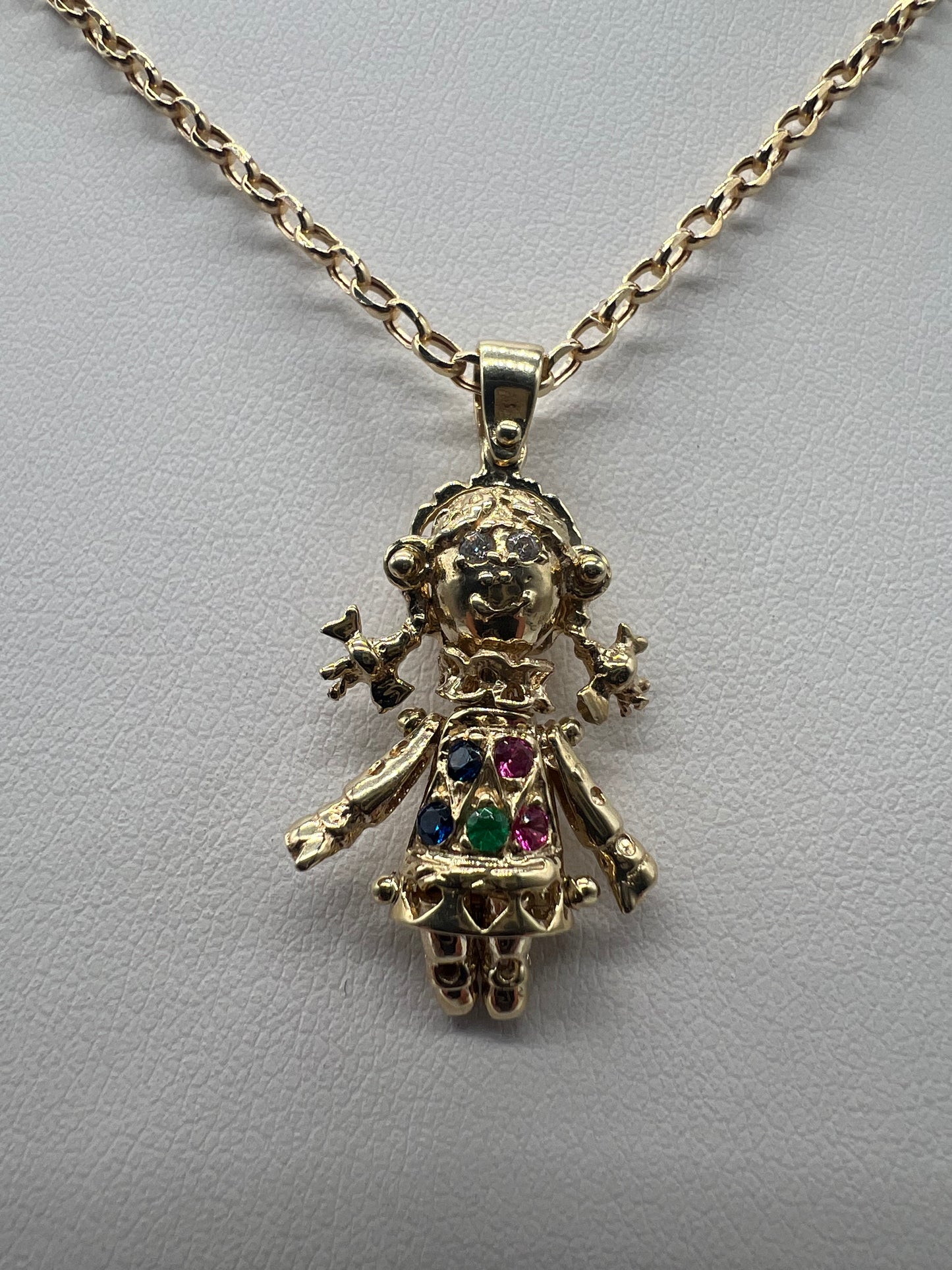 9ct Gold Multi Gem Movable Ragdoll Necklace Pendant Fully Hallmarked & Boxed