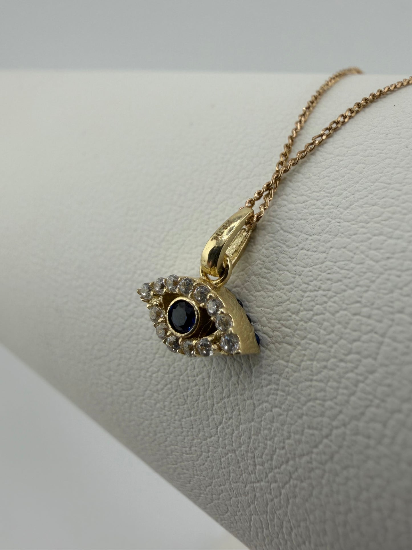 9ct Yellow Gold Small Evil Eye Pendant / Charm Blue & White Cz Set & 375 Stamped