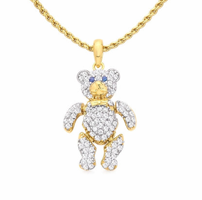 Real 9ct Yellow Gold Moveable Teddy Bear Pendant - Set With Cz Gems & Hallmarked