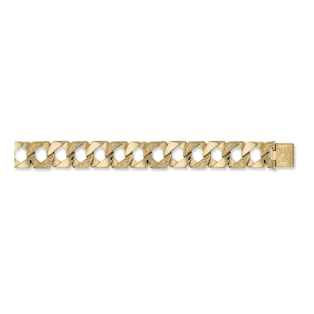 Solid 9ct Yellow Gold 17mm Chaps Bracelet Plain & Engraved Gold Links