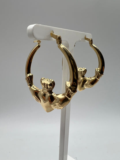 9ct Yellow Gold Large Claddagh Ladies Earrings - 25mm Womens Earrings - Gift Box