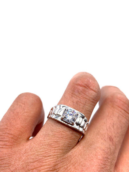 9ct White Gold Mens Ring - Rolex Sides, Cz, Two Colour & Fully Hallmarked Sizes Q - X
