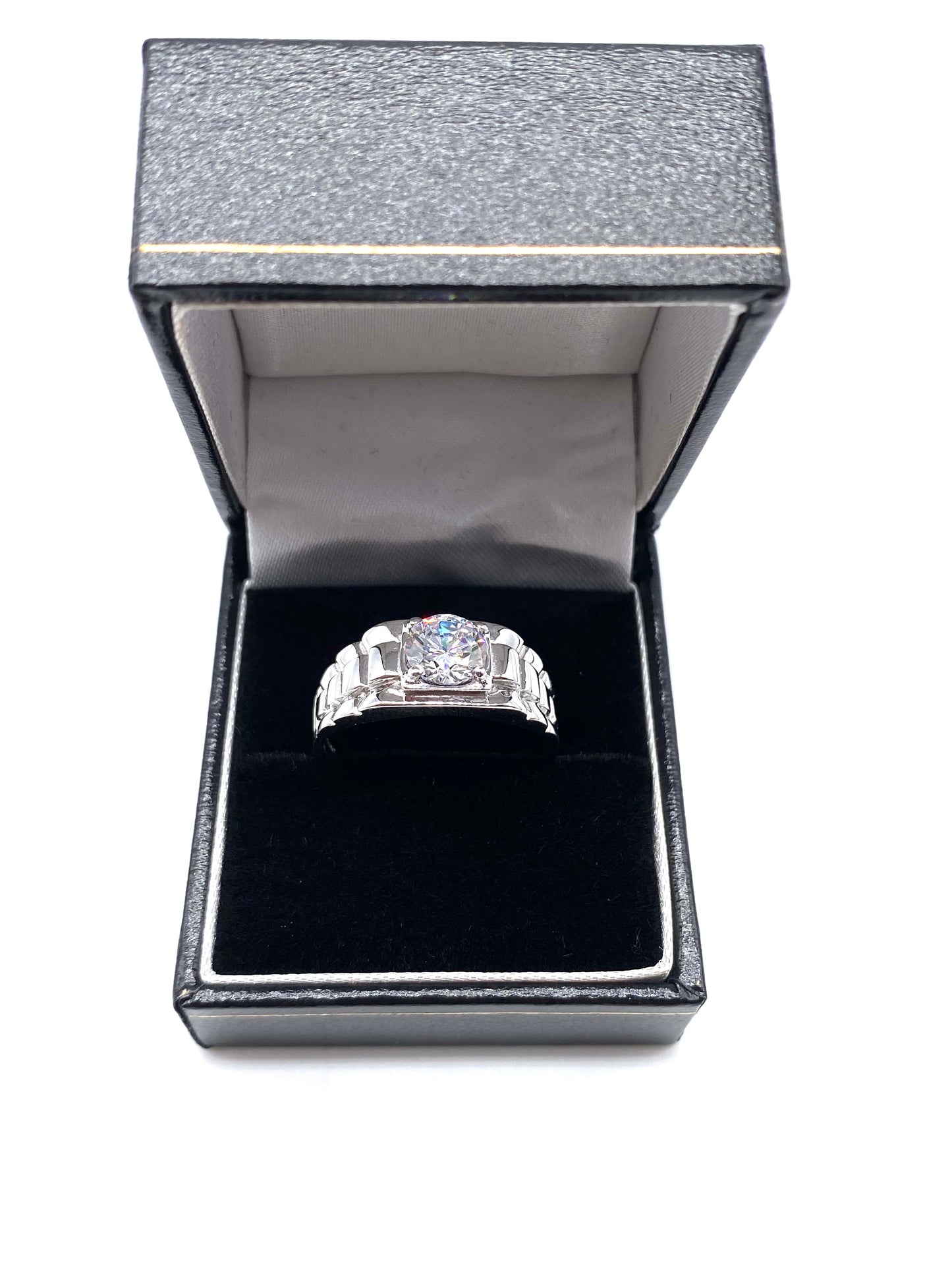 9ct White Gold Mens Ring - Rolex Sides, Cz, Two Colour & Fully Hallmarked Sizes Q - X