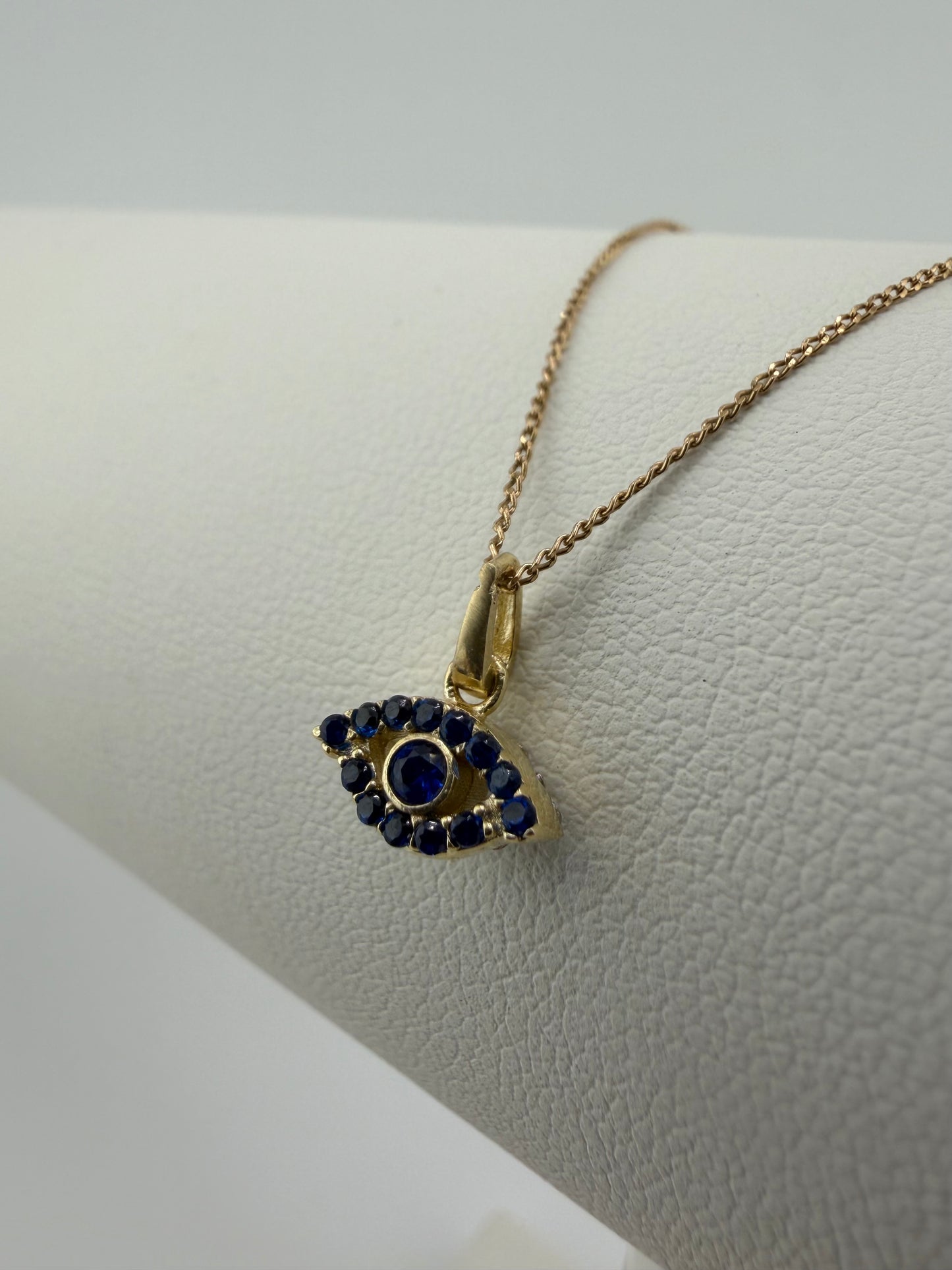 9ct Yellow Gold Small Evil Eye Pendant / Charm Blue & White Cz Set & 375 Stamped