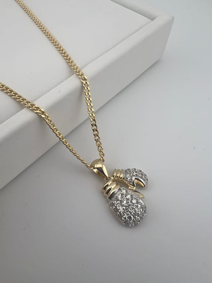 9ct Yellow Gold Double Boxing Glove Cz Pendant - 2 Gloves - UK Hallmark & Boxed
