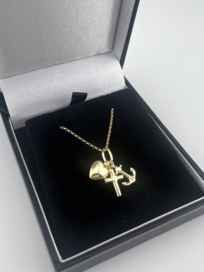 9ct Yellow Gold Cross Heart & Anchor Charm Pendant