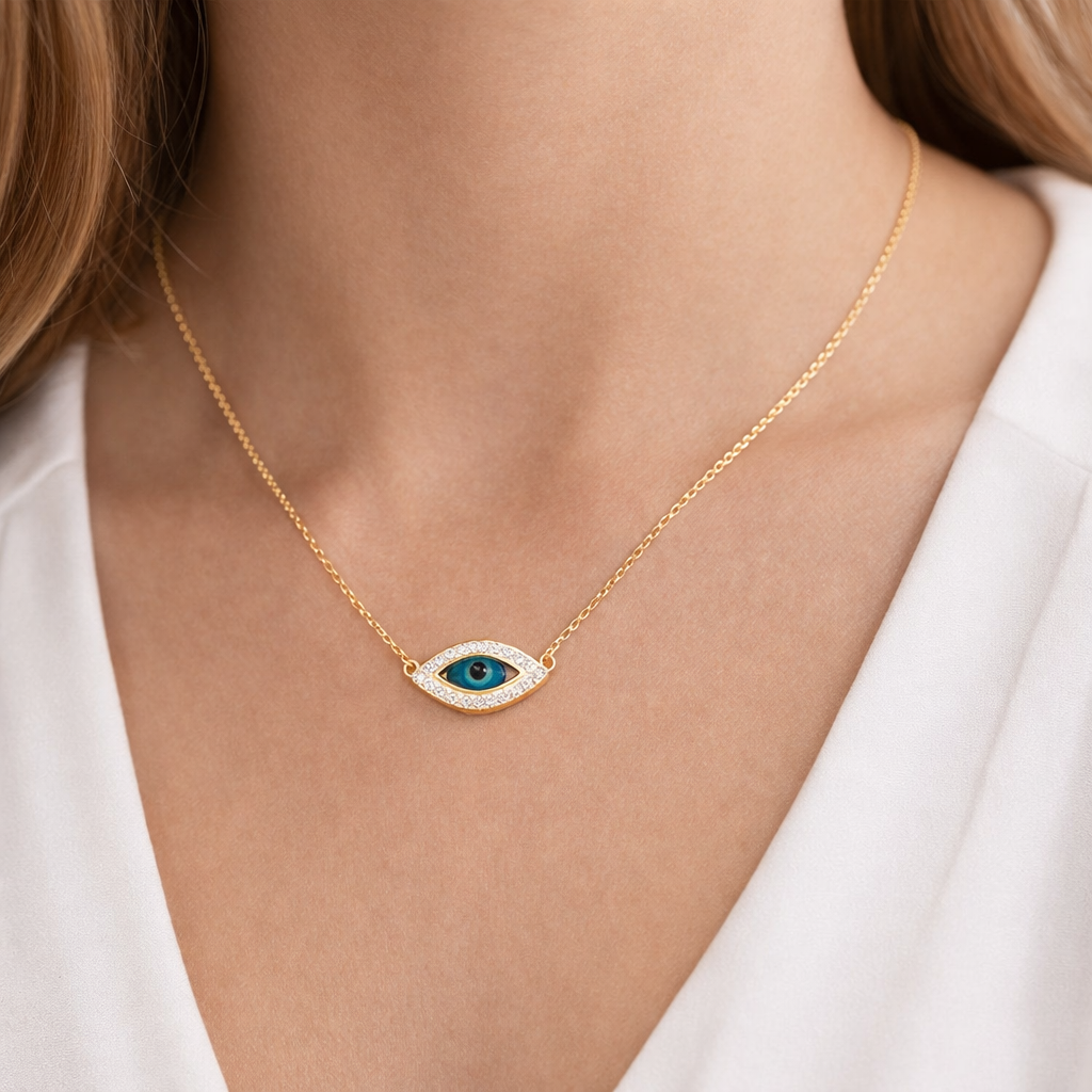 Ladies 9ct Yellow Gold Evil Eye Necklace - Ladies Gold 17 Inch Necklace