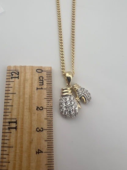 9ct Yellow Gold Double Boxing Glove Cz Pendant - 2 Gloves - UK Hallmark & Boxed