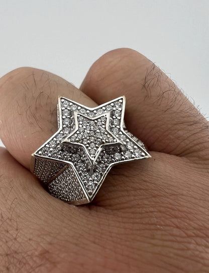 Genuine 9ct Gold  Men's Cz Star Ring UK Size T - Fully Hallmarked & Boxed