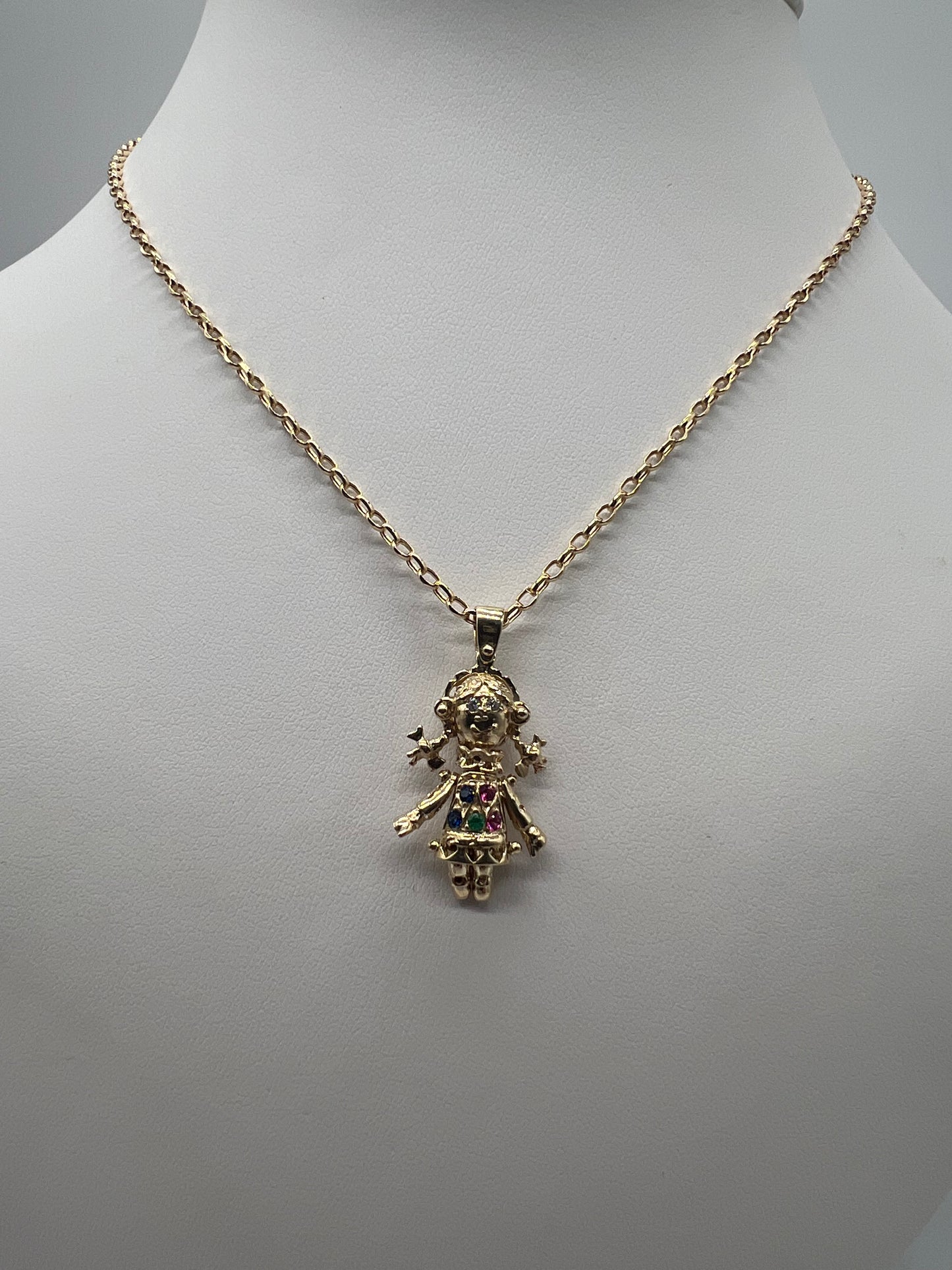9ct Gold Multi Gem Movable Ragdoll Necklace Pendant Fully Hallmarked & Boxed