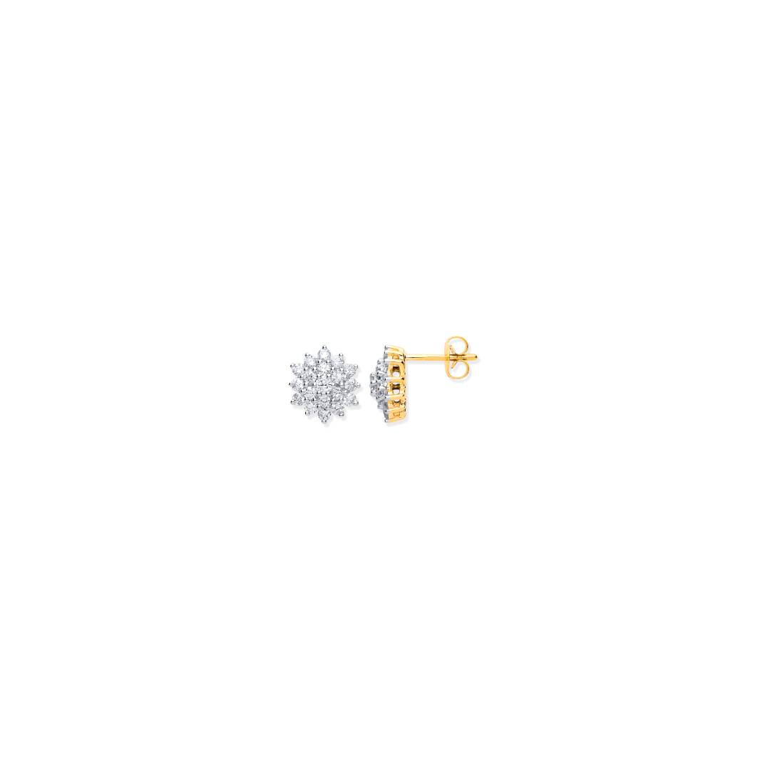 9ct Yellow Gold 1.00ct Diamond Cluster Stud Earrings