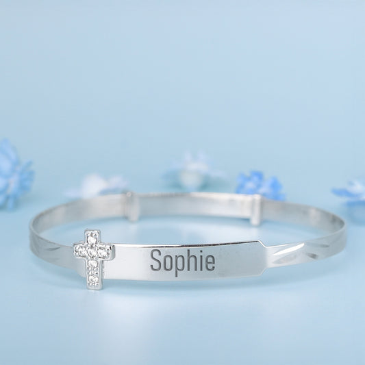 Solid 9ct White Gold Baby / Kids CZ Cross Expandable ID Bangle