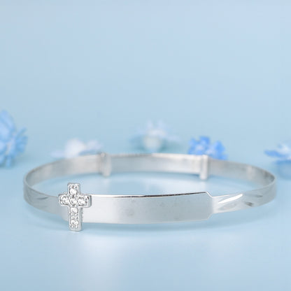Solid 9ct White Gold Baby / Kids CZ Cross Expandable ID Bangle