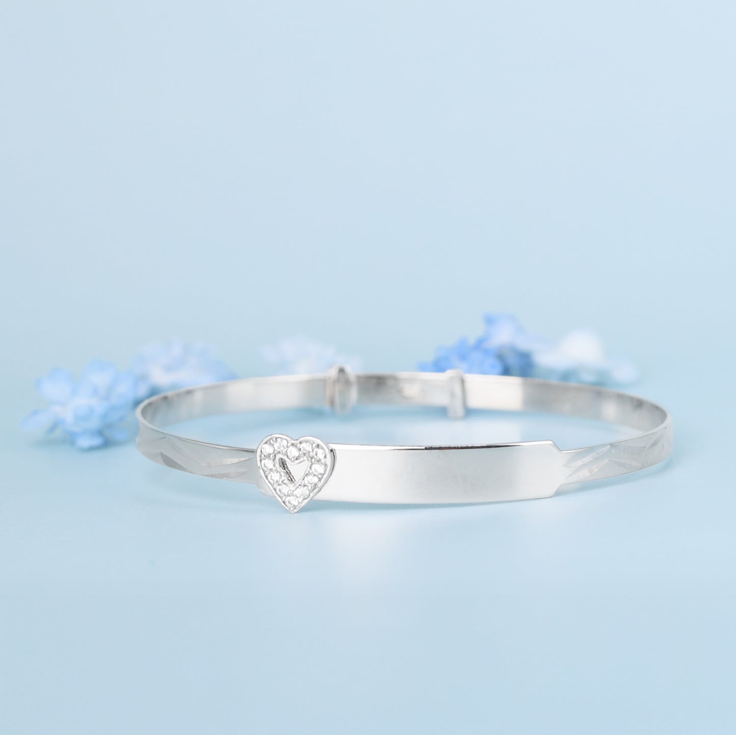 Solid 9ct White Gold Baby / Kids CZ Heart Expandable ID Bangle