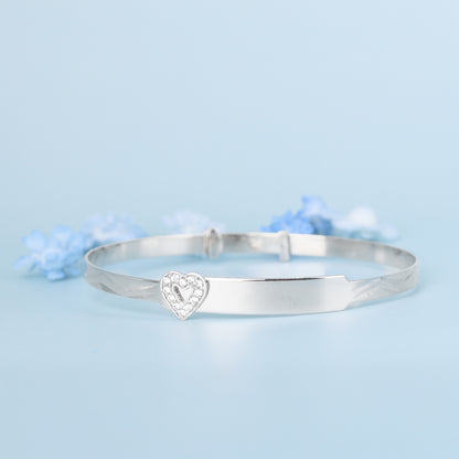 Solid 9ct White Gold Baby / Kids CZ Heart Expandable ID Bangle