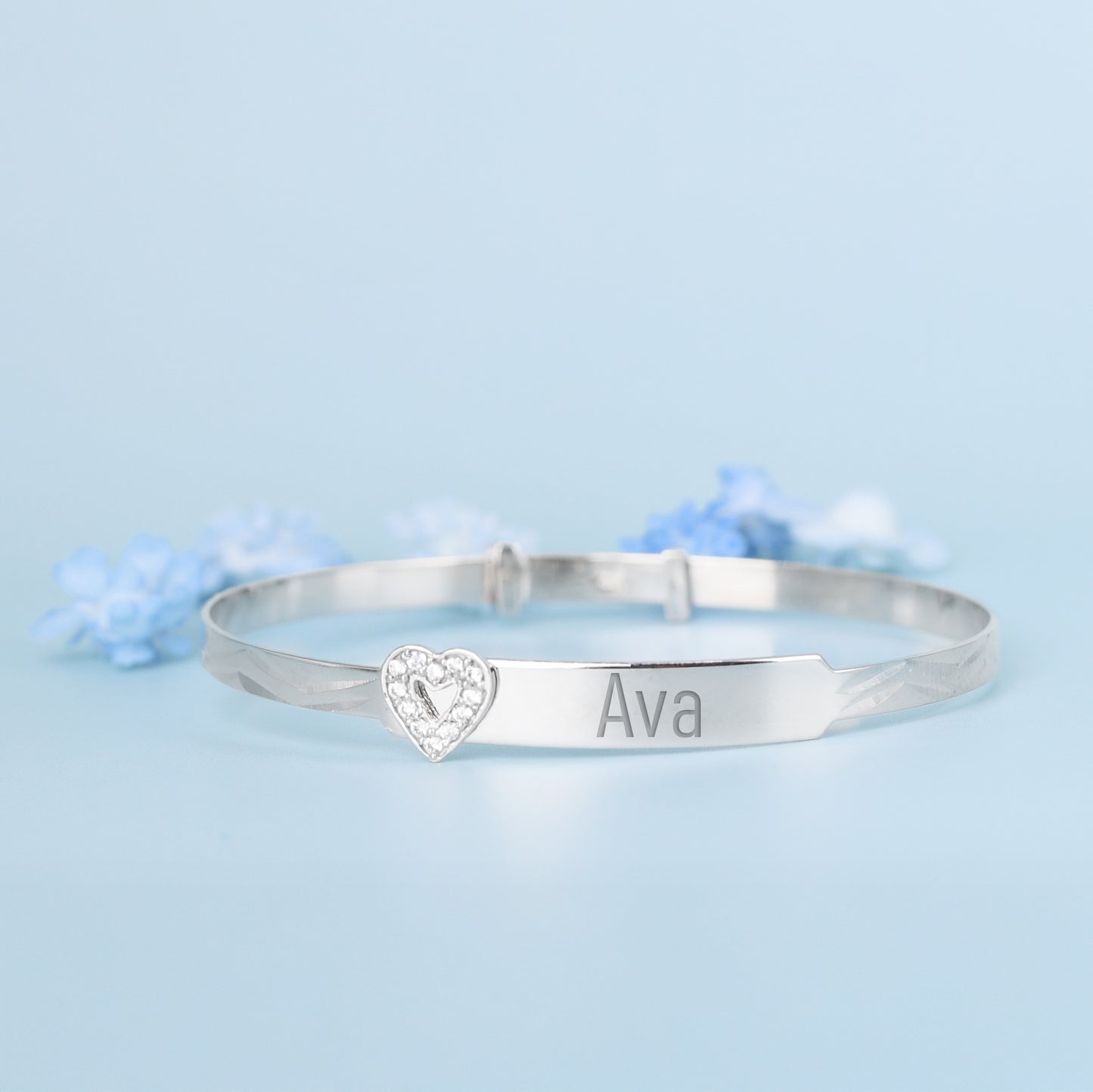 Solid 9ct White Gold Baby / Kids CZ Heart Expandable ID Bangle