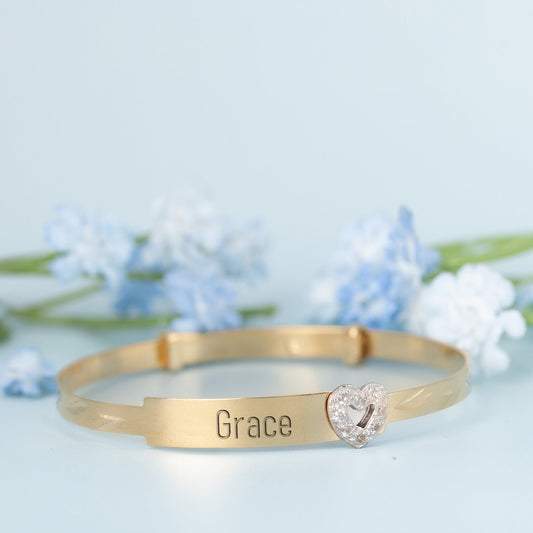 Solid 9ct Yellow Gold Baby / Kids CZ Heart ID Expandable Bangle