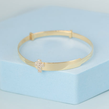 Solid 9ct Yellow Gold Baby / Kids Cz Cross ID Expandable Bangle