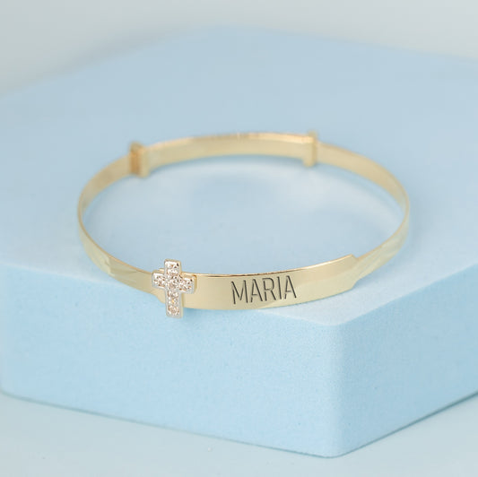 Solid 9ct Yellow Gold Baby / Kids Cz Cross ID Expandable Bangle