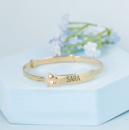 Solid 9ct Yellow Gold Baby / Kids Teddy ID Expandable Baby Bangle